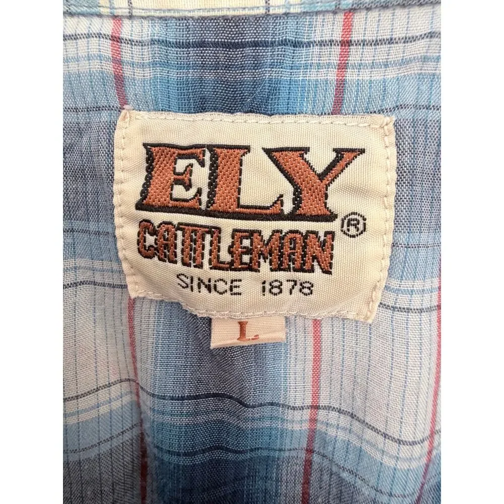 ELY Cattleman Pearl Snap Western Shirt Mens Large Blue Plaid Short Sleeve Cowboy - Picture 3 of 4